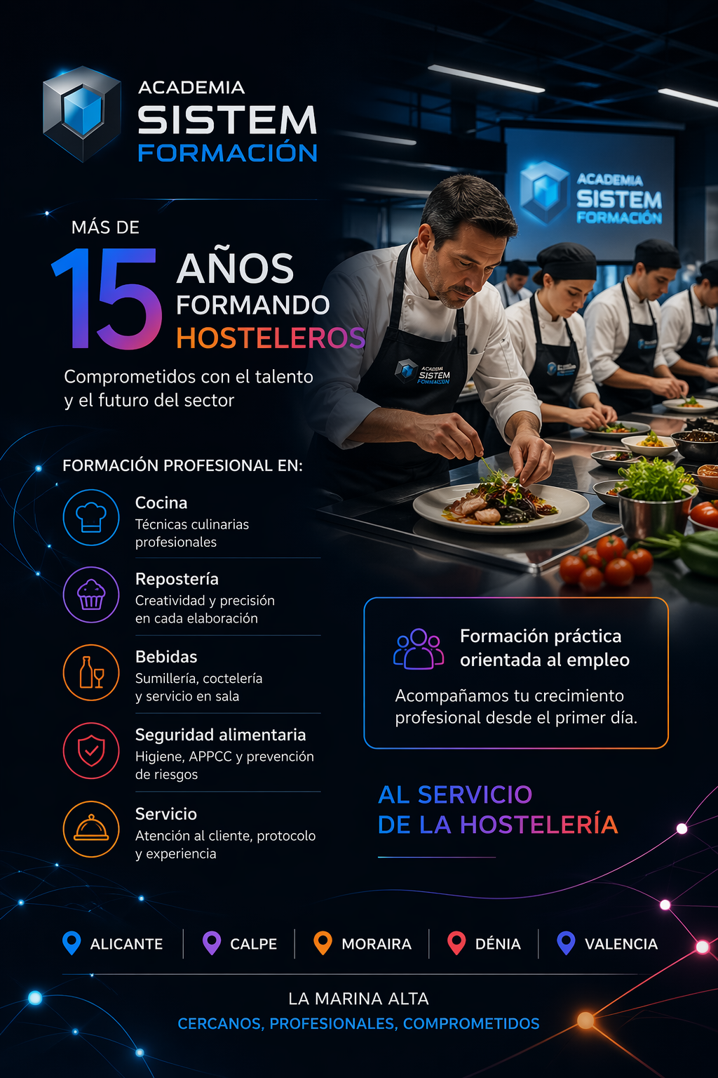 Academia Sistem Formación impartiendo cursos de cocina, repostería y hostelería con más de 15 años de experiencia en Alicante, Calpe, Moraira, Dénia y Valencia