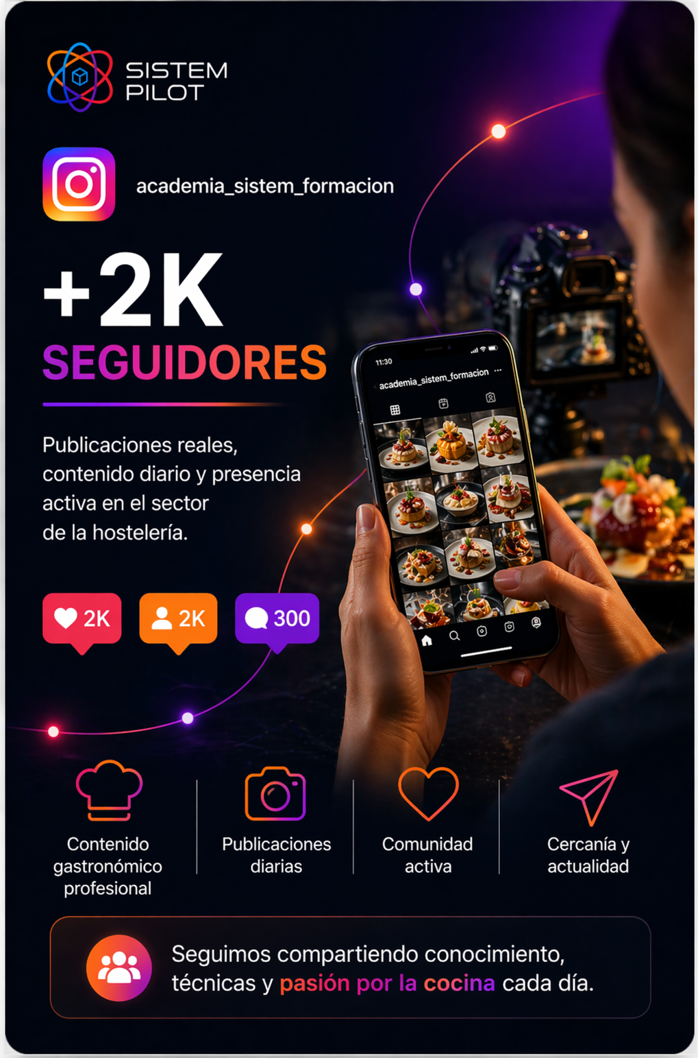 Perfil de Instagram de Academia Sistem Formación con más de 2.000 seguidores y contenido activo de cocina y hostelería